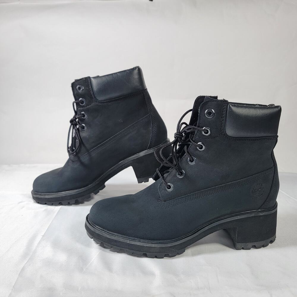 Timberland Kinsley 6" Black Nubuck Lace Up Heeled Combat Boots Women's US 9.5